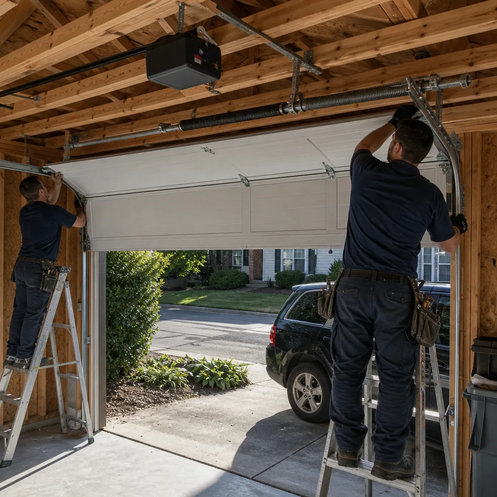 Two professional technicians installing a new sectional garage door.