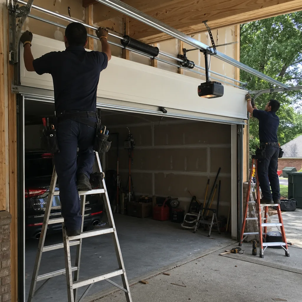 Two professionals installing a new garage door panel on ladders.