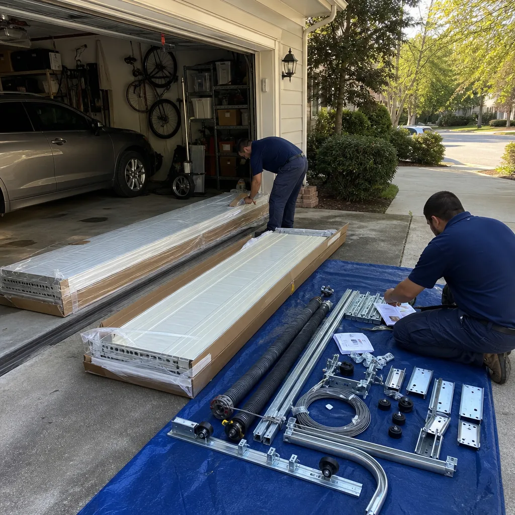 Technicians preparing parts for professional garage door installation
