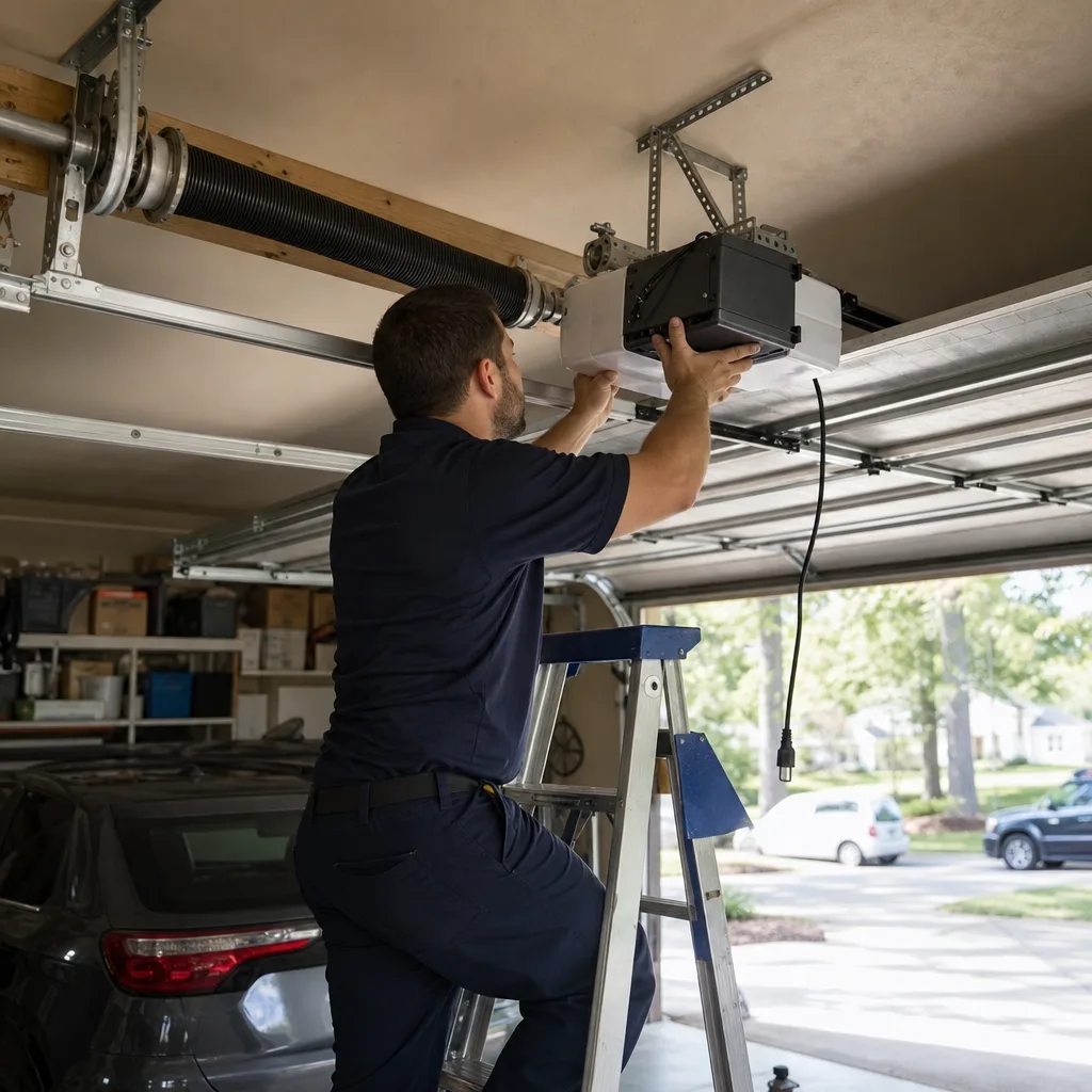 Technician performing professional garage door opener repair on a ladder nationwide