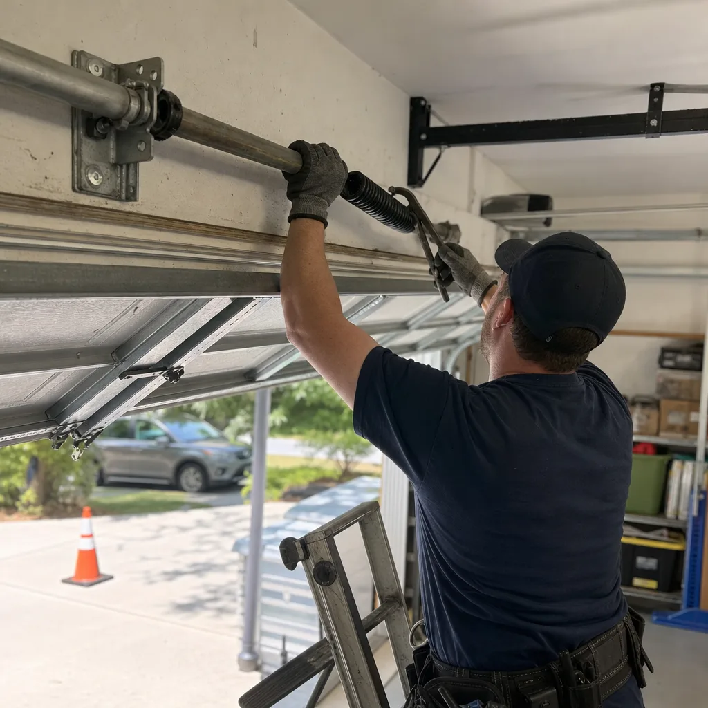 Technician performing garage door torsion spring repair service