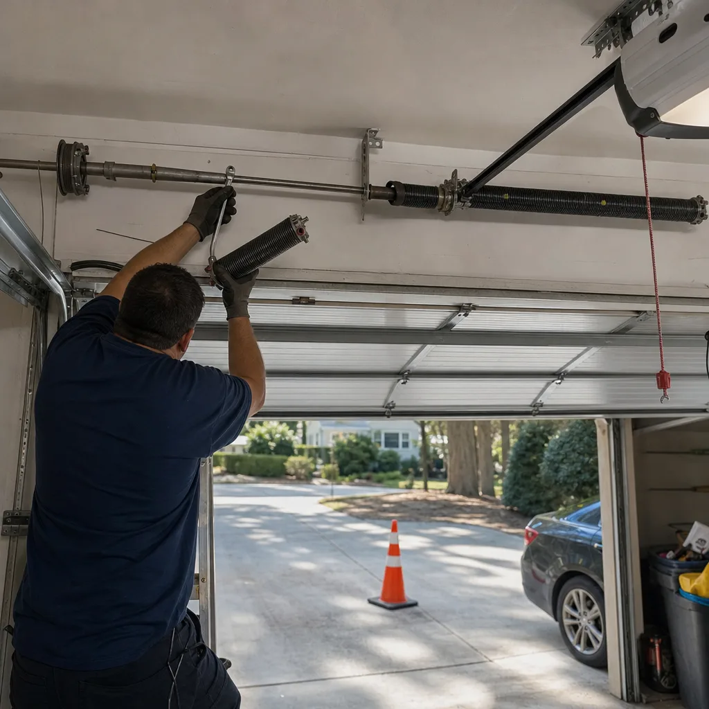Technician performing professional garage door torsion spring repair
