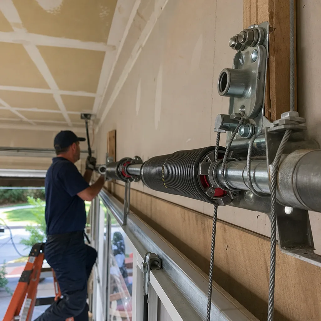 Technician performing professional garage door spring repair and maintenance